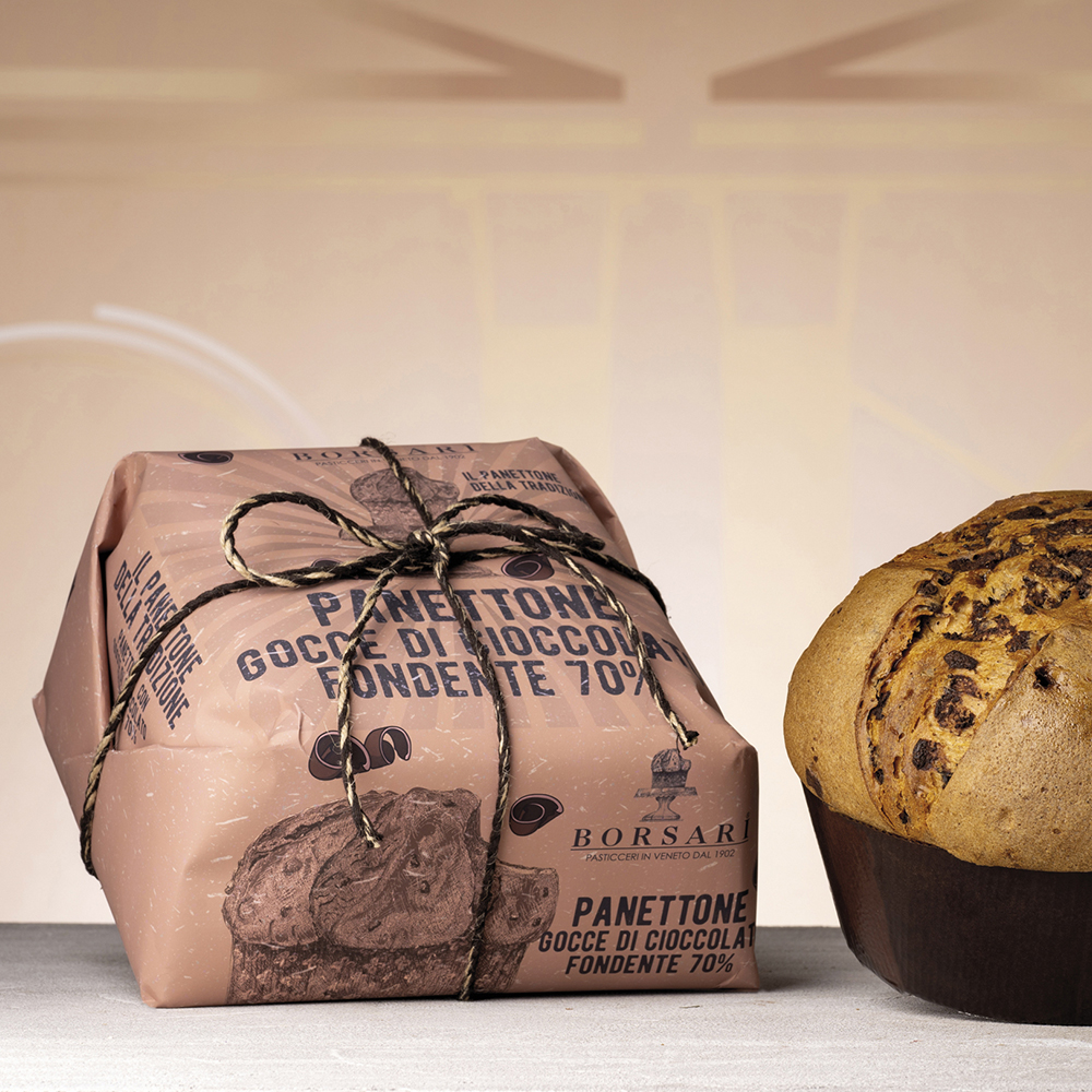 Panettone con Gocce di Cioccolato Fondente 70% incartato 1Kg Rustici -  Borsari